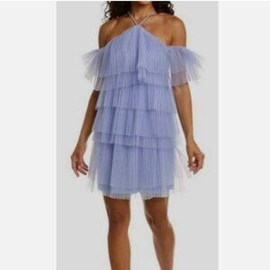 Zac Posen Pleated Cold-Shoulder Ruffle Tulle Mini Dress Size 6